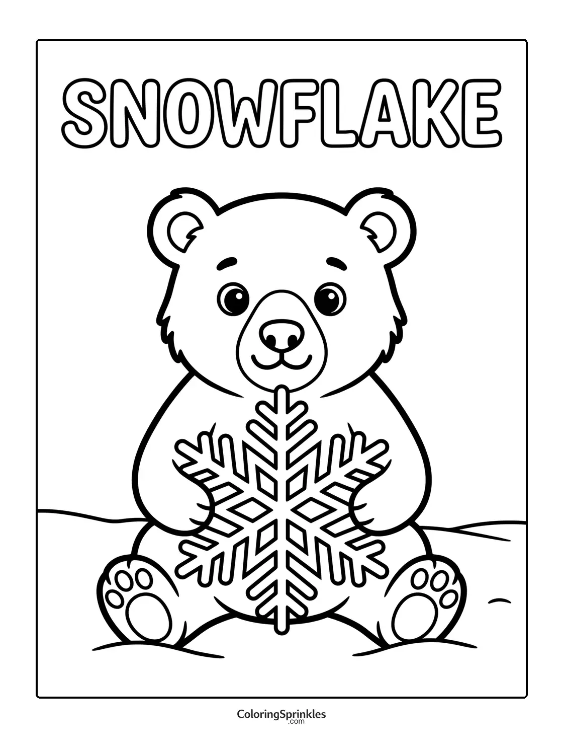 Coloring page of a bear holding a large snowflake