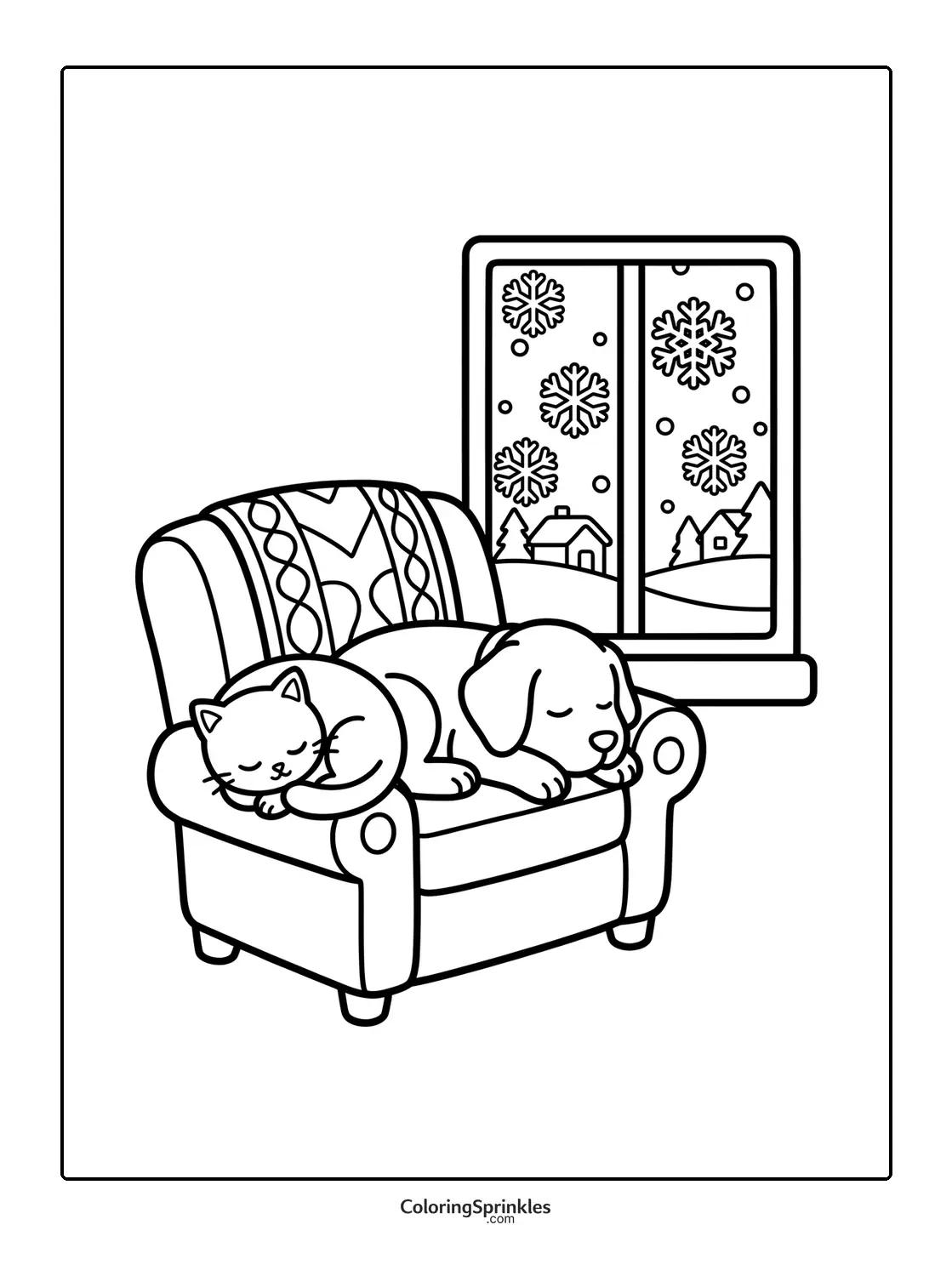 Coloring page of a cat and dog sleeping on a chair by a winter window