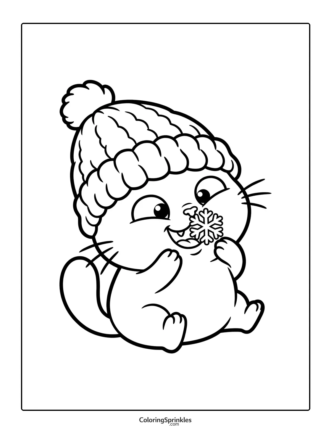 Coloring page of a cute cat wearing a winter hat holding a snowflake