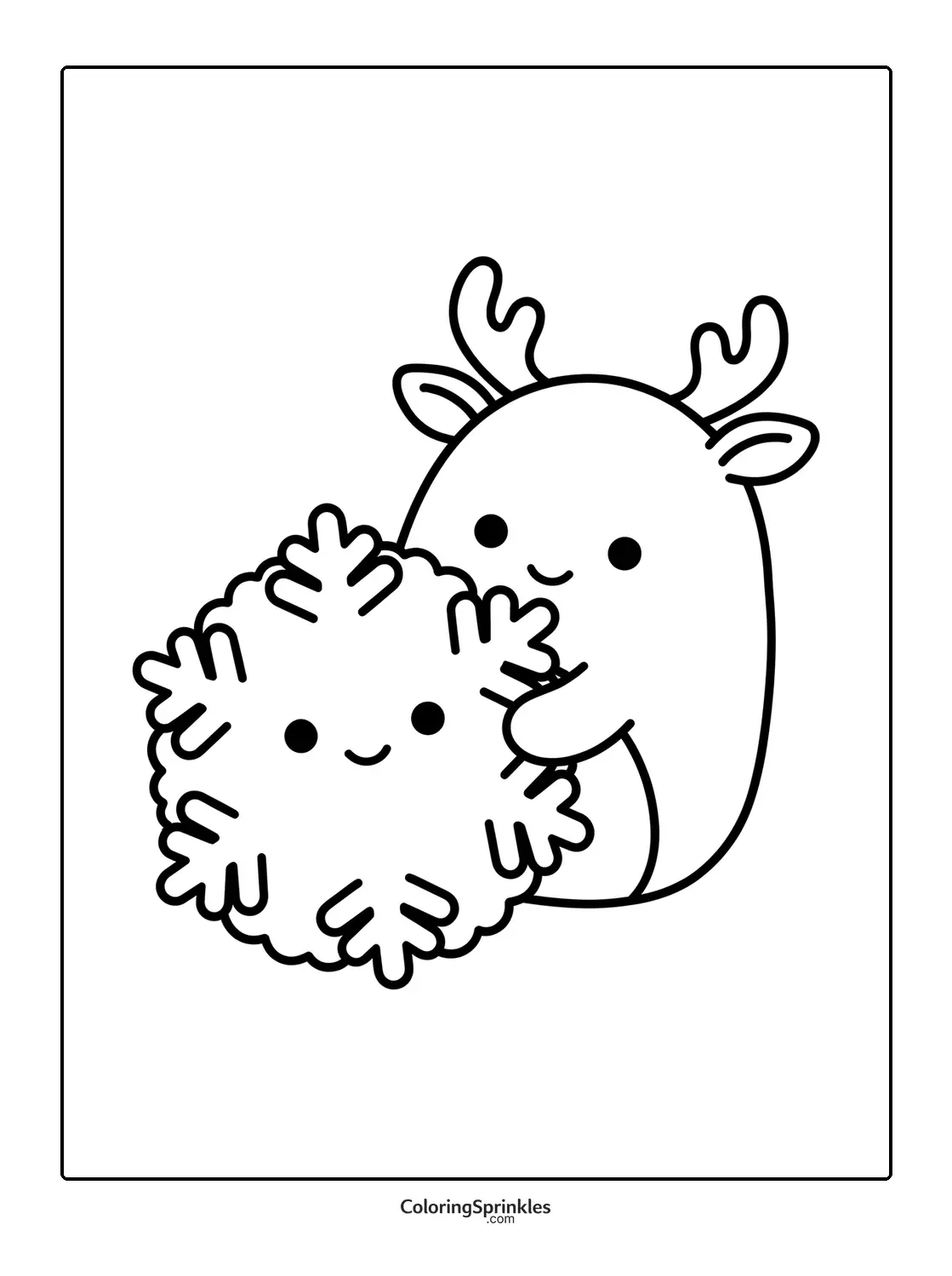 Coloring page of a cute reindeer holding a smiling snowflake