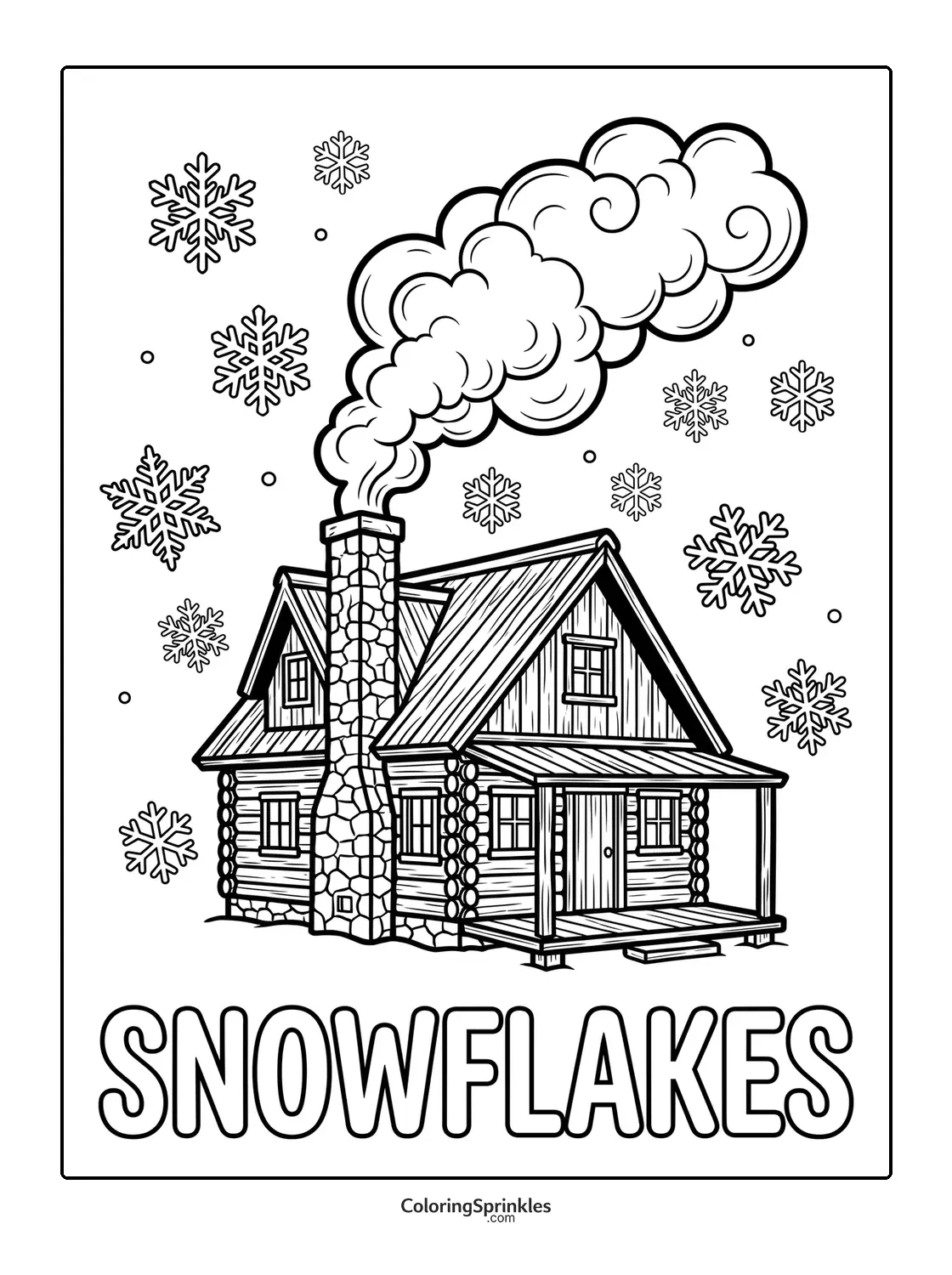 Coloring page of a log cabin with smoke coming from the chimney and snowflakes falling