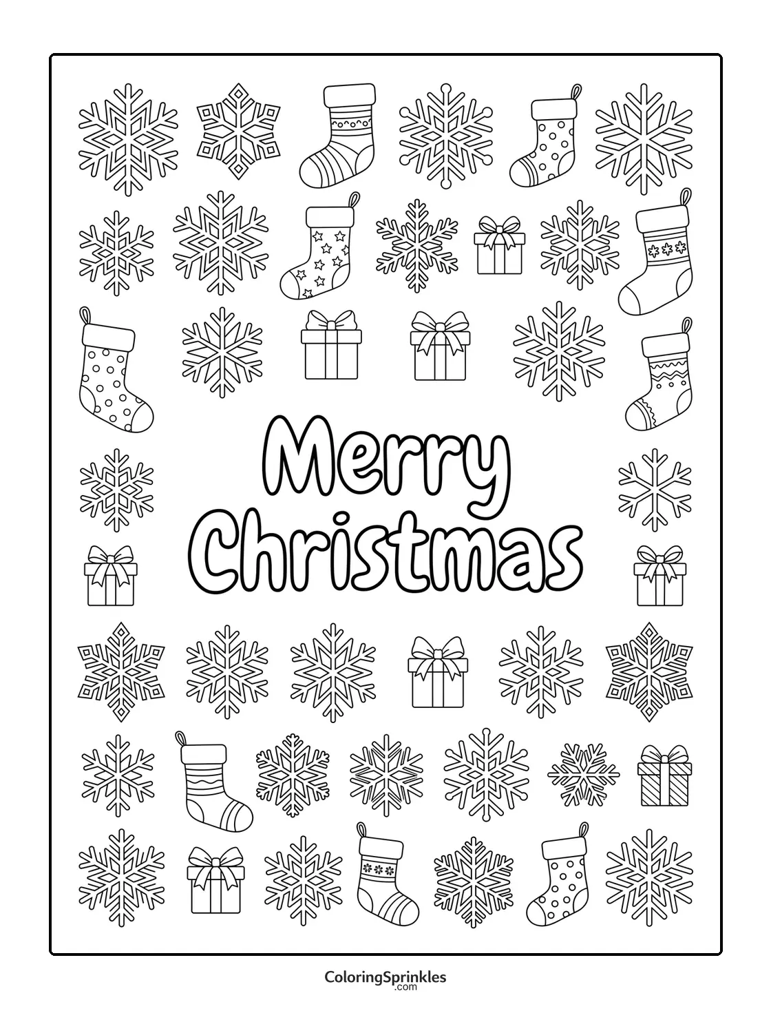 Coloring page of Merry Christmas text surrounded by snowflakes, stockings, and gifts