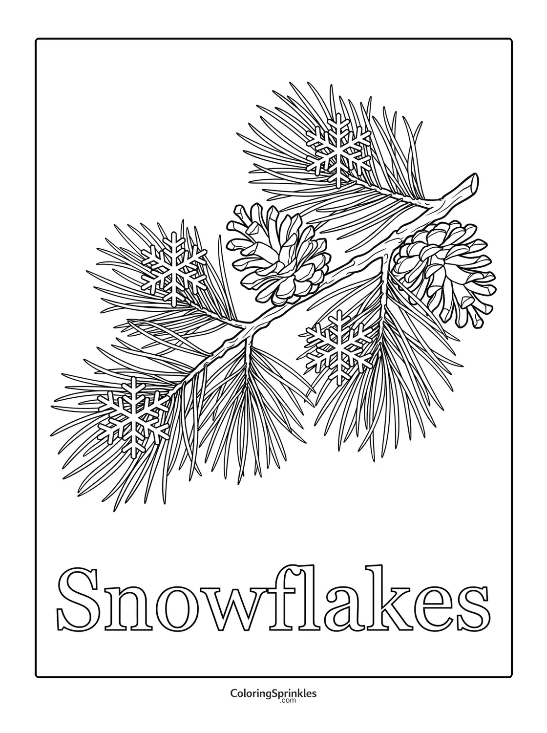 Coloring page of a pine branch with pinecones and snowflakes