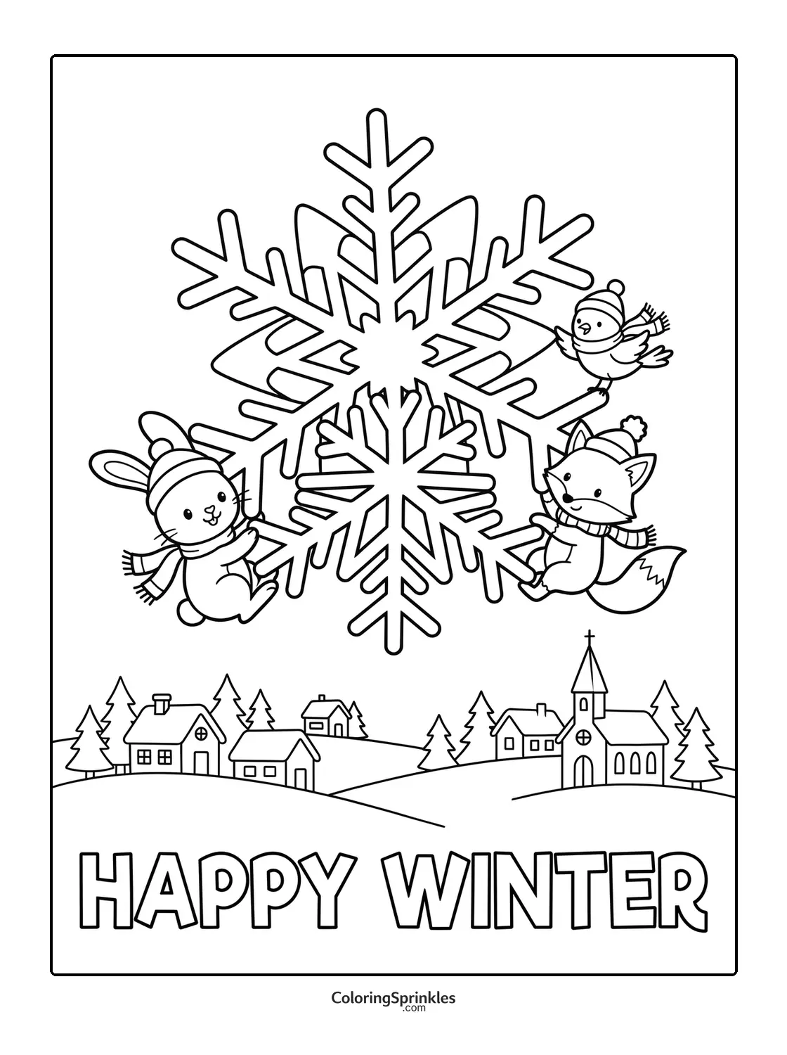Coloring page of a snowflake with a rabbit, fox, and bird above a winter village