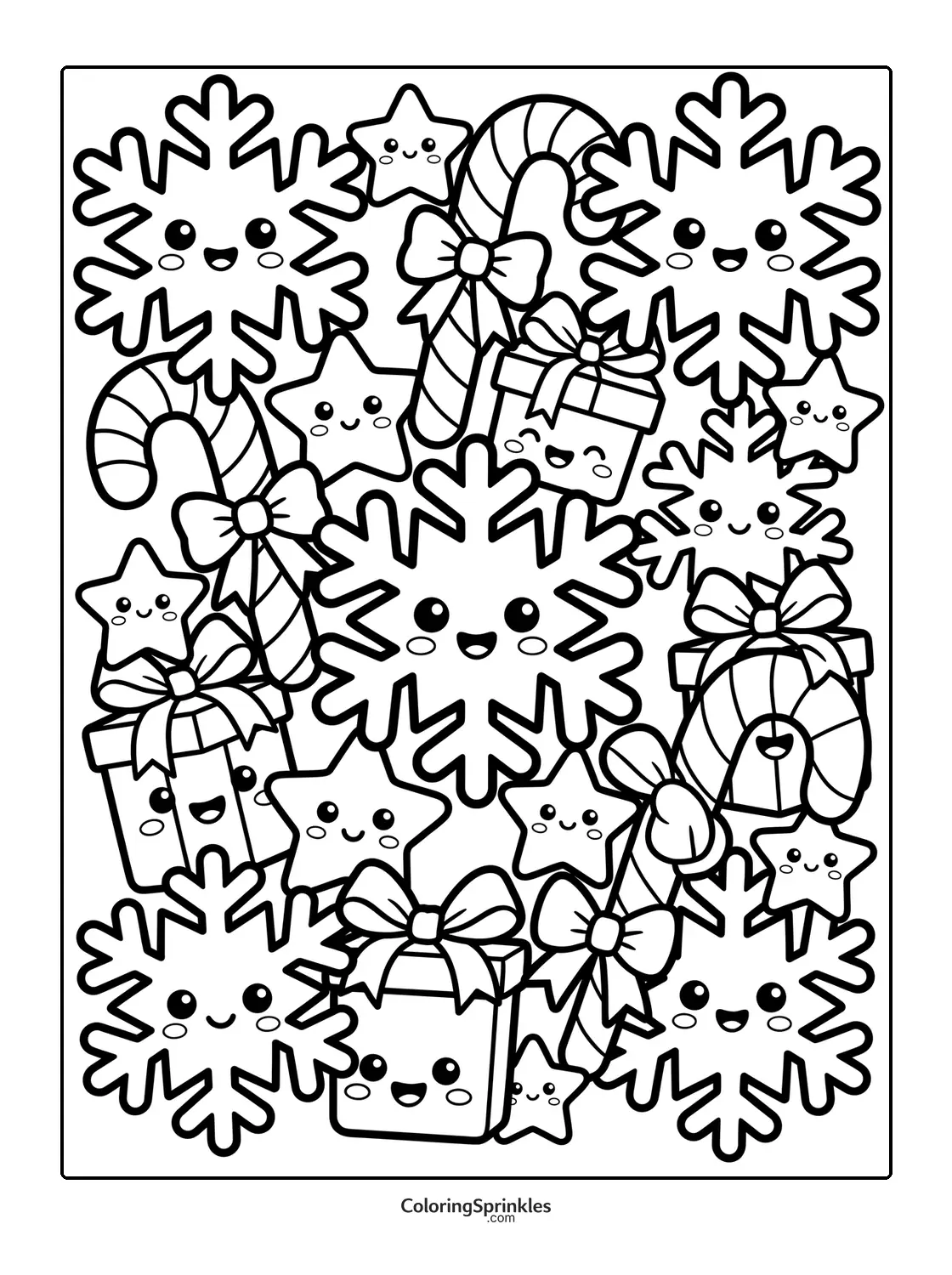 Coloring page of happy snowflakes, candy canes, gift boxes and stars