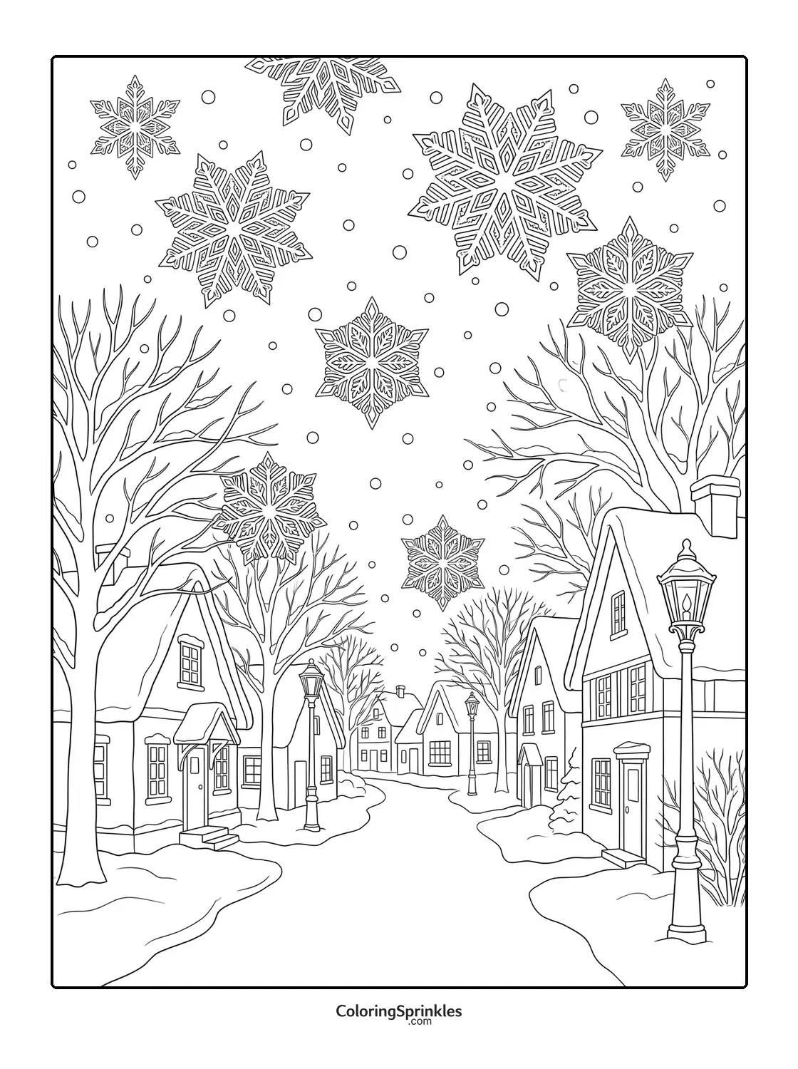 Coloring page of a winter village street with large snowflakes and lampposts