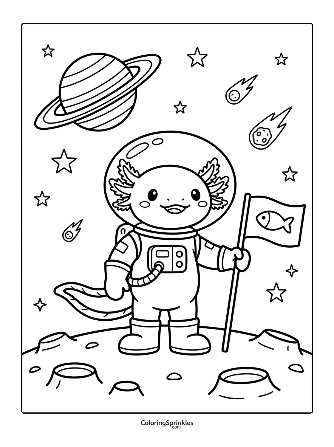 Coloring page of an axolotl astronaut standing on the moon holding a flag