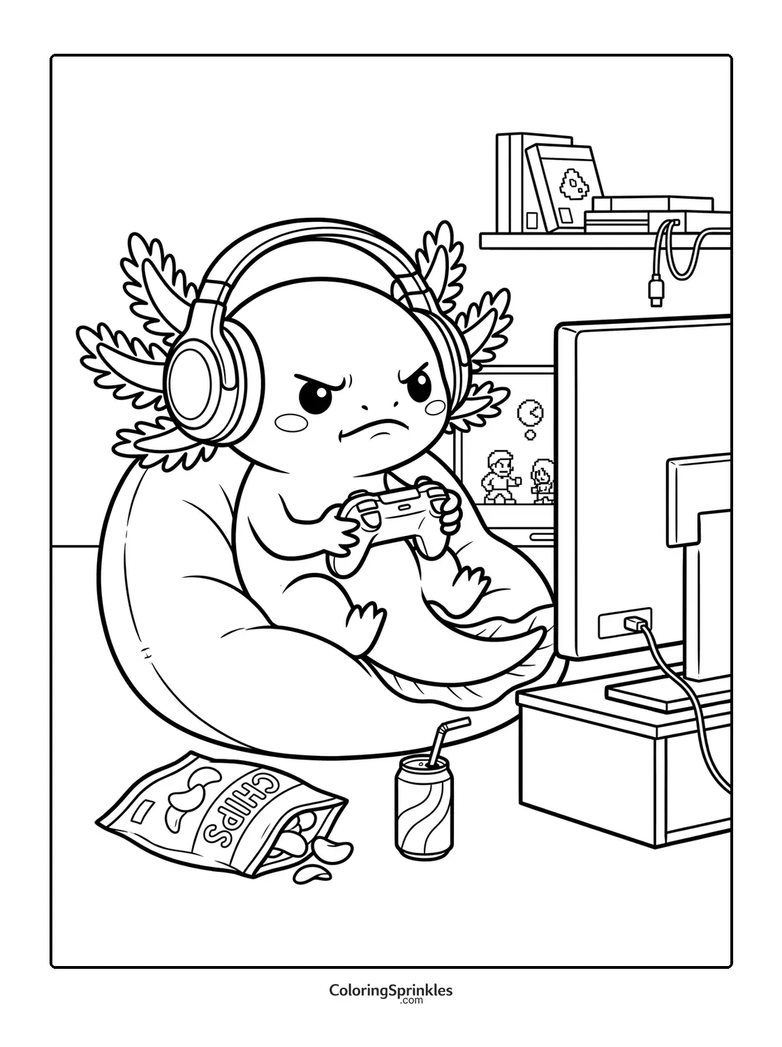 Coloring page of an axolotl playing video games on a beanbag with snacks