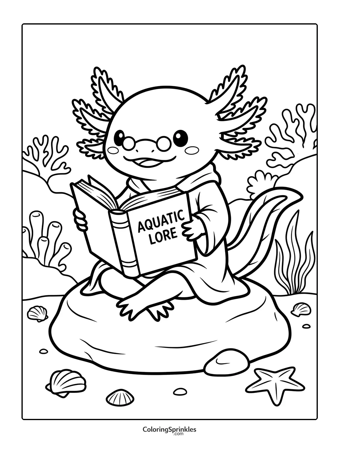 Coloring page of an axolotl reading a book underwater on a rock