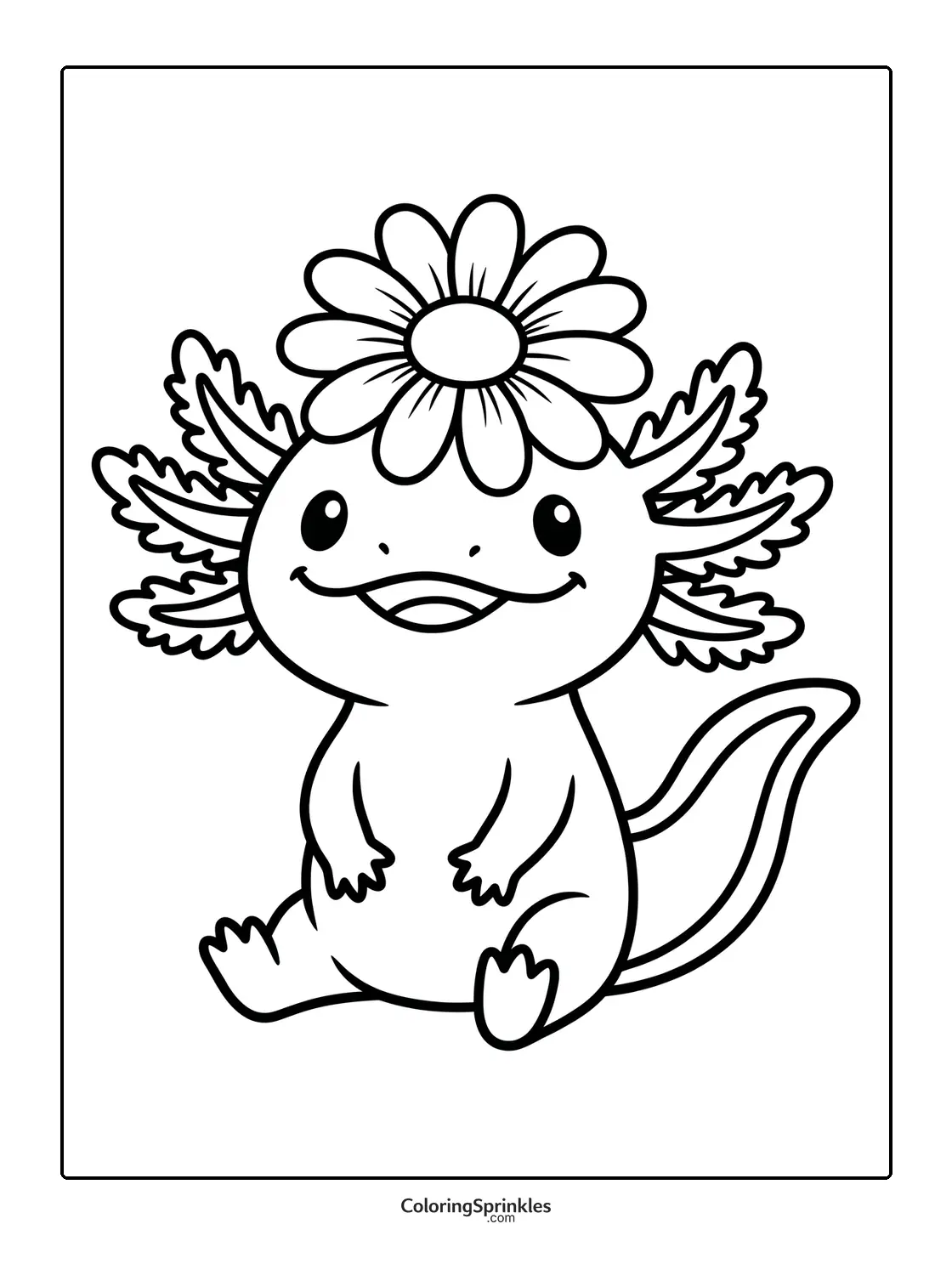 Coloring page of a sitting axolotl with a flower on its head