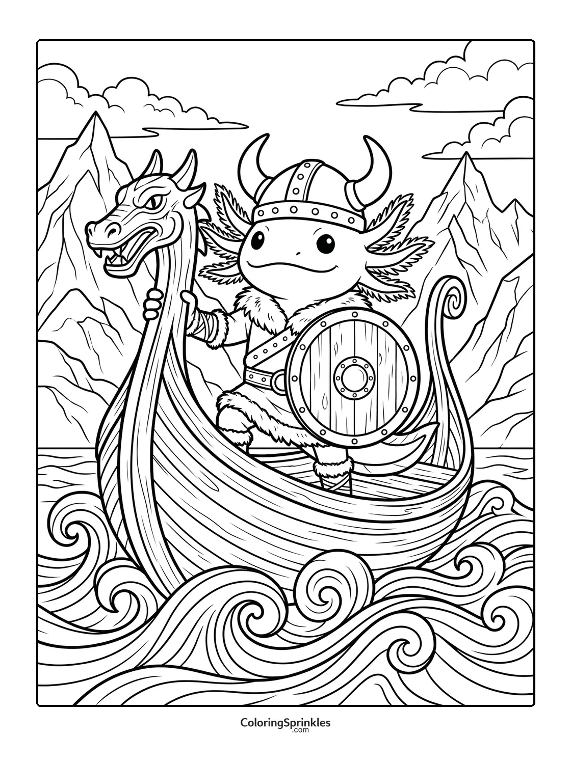 Coloring page of an axolotl dressed as a Viking on a dragon-headed boat with mountains