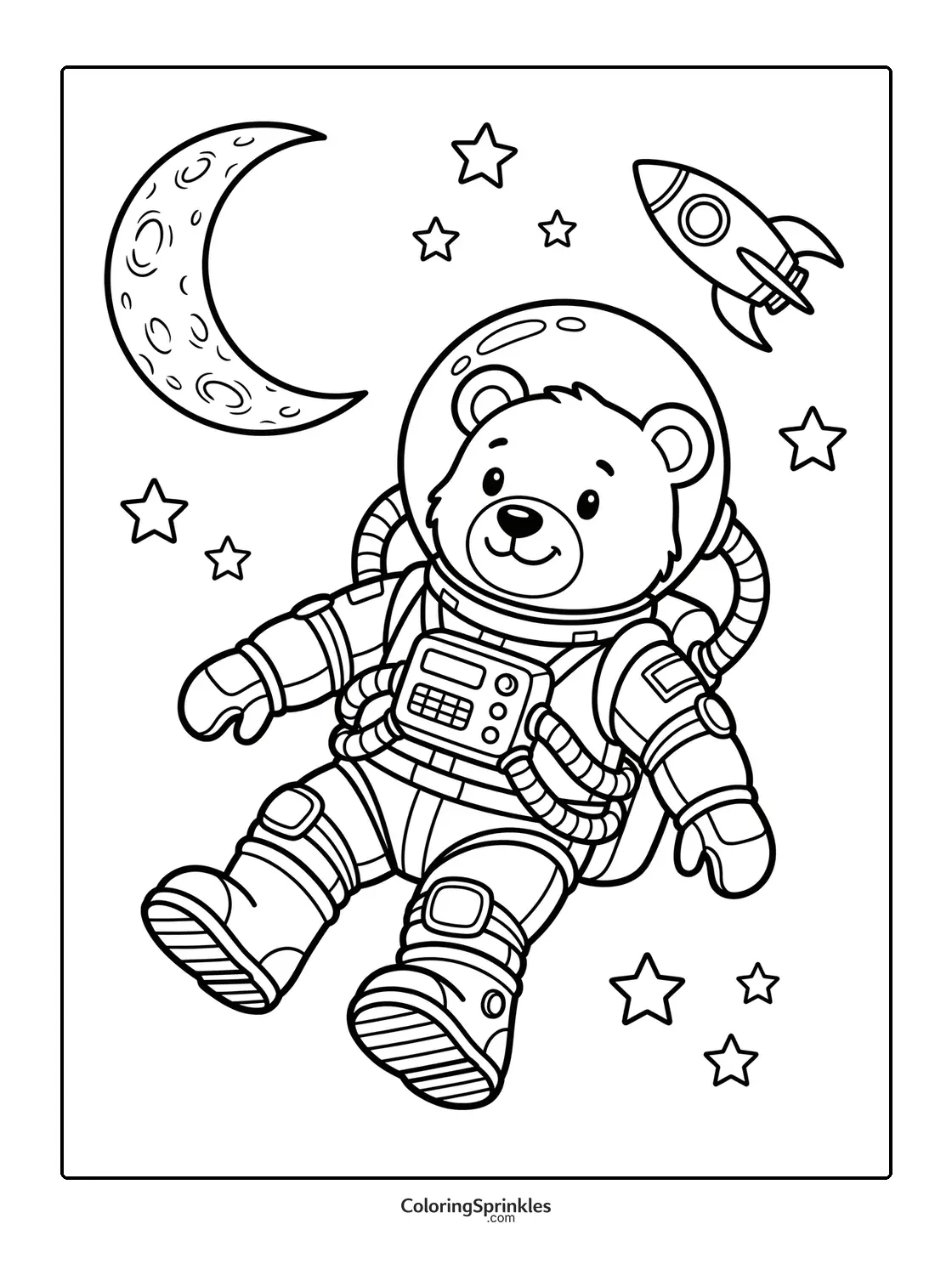 Coloring page of a bear astronaut floating in space with moon, stars and rocket