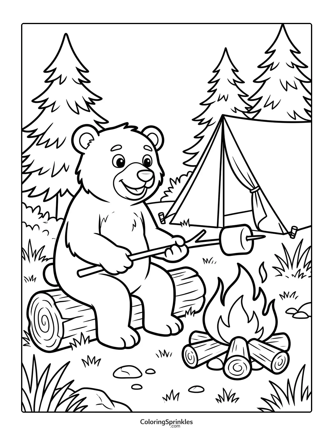 Coloring page of a bear camping and roasting a marshmallow by a campfire