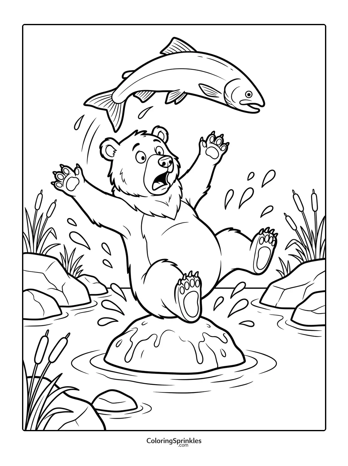 Coloring page of a bear catching a fish in a river on a rock