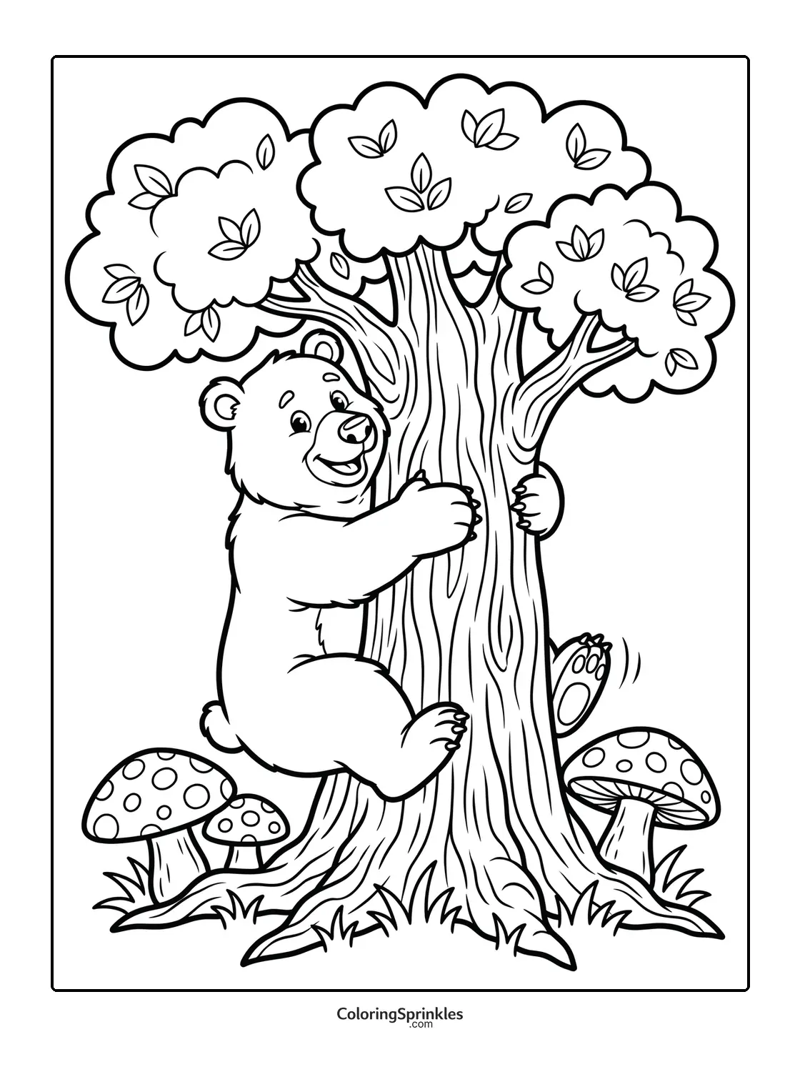 Coloring page of a bear climbing a tree with mushrooms around
