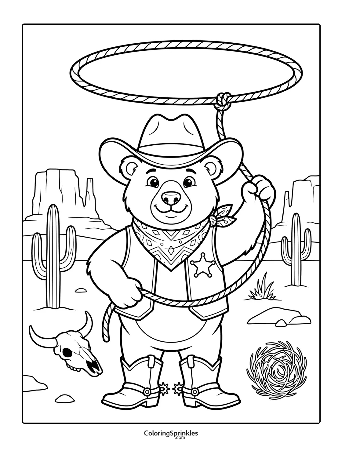 Coloring page of a bear dressed as a cowboy holding a lasso in a desert