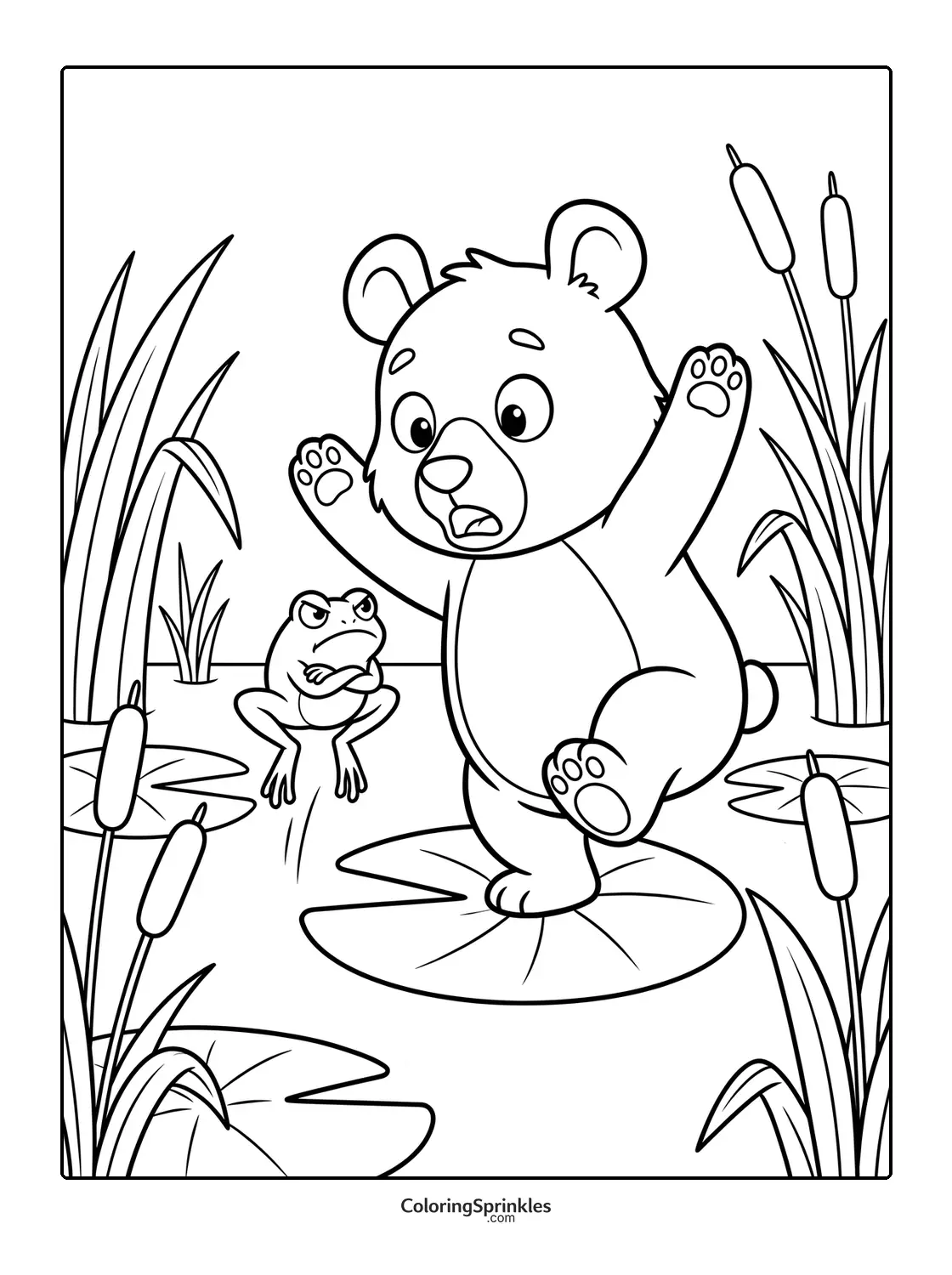 Coloring page of a bear cub balancing on a lily pad with an angry frog in a pond