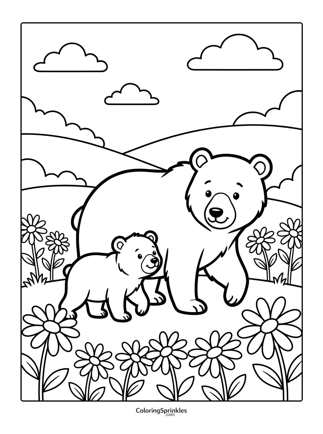 Coloring page of a mother bear and her cub walking among flowers in rolling hills