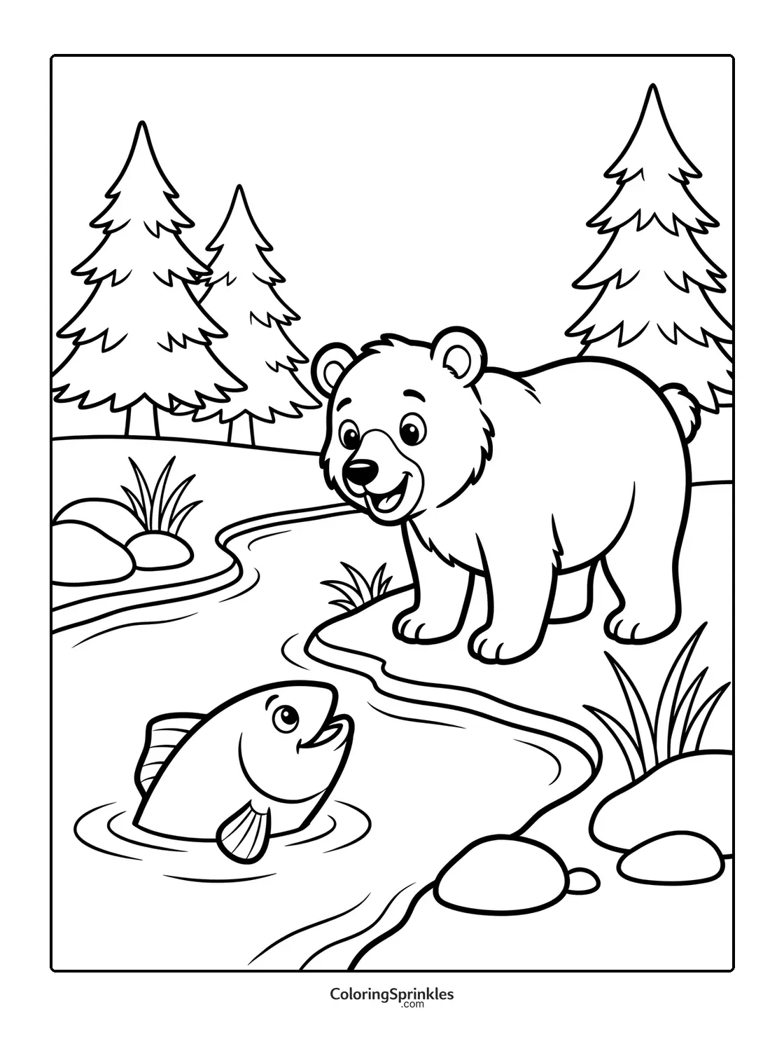 Coloring page of a bear looking at a fish in a river with forest trees