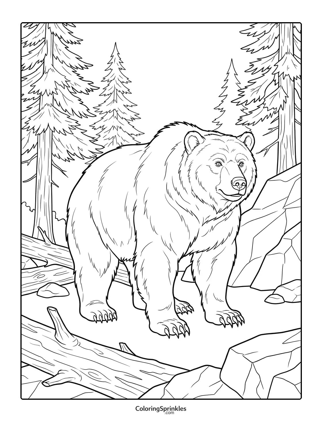 Coloring page of a bear standing in a forest with trees, rocks, and logs