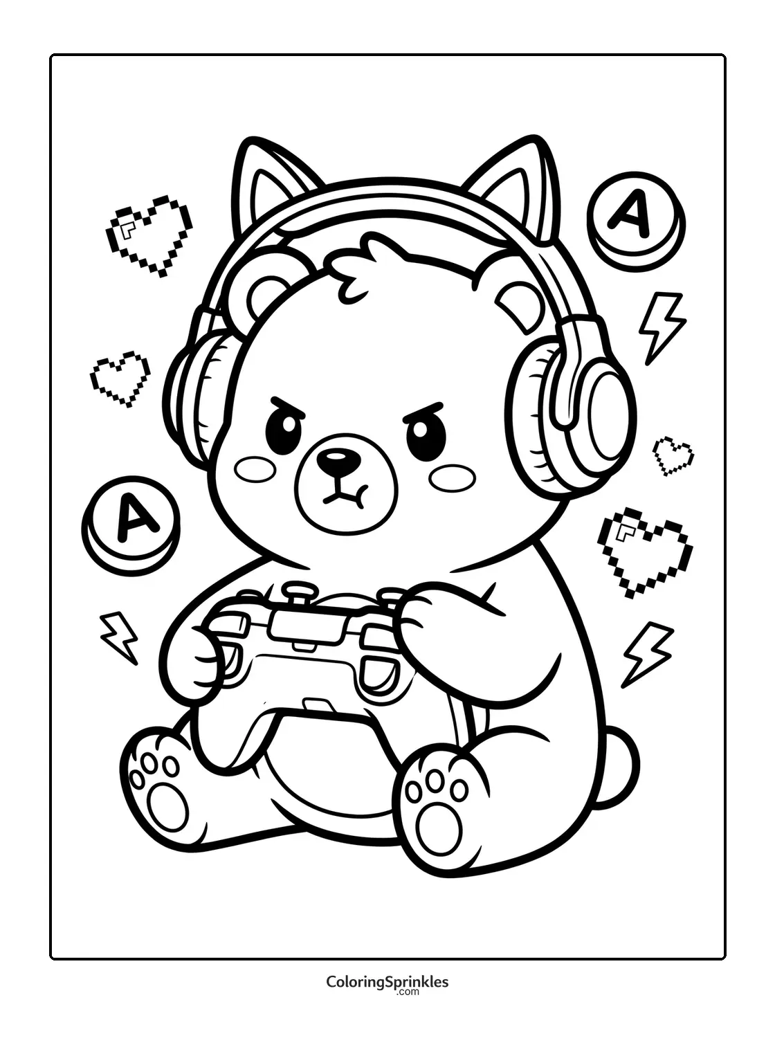 Coloring page of a bear wearing headphones and holding a game controller