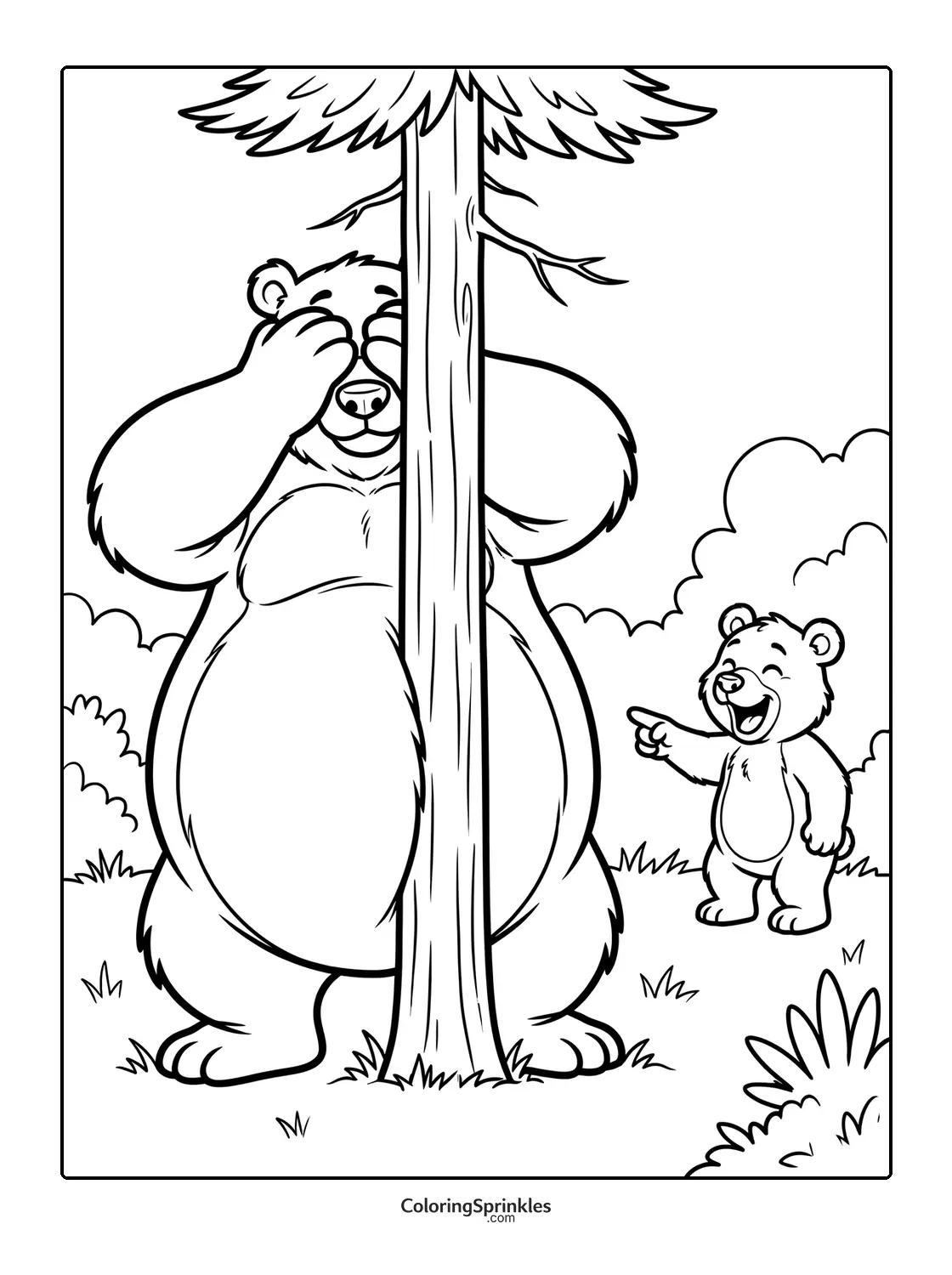 Coloring page of a bear playing hide and seek behind a tree with a cub