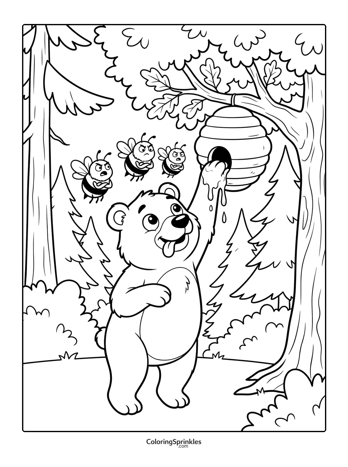 Coloring page of a bear reaching for honey in a hive with angry bees in a forest