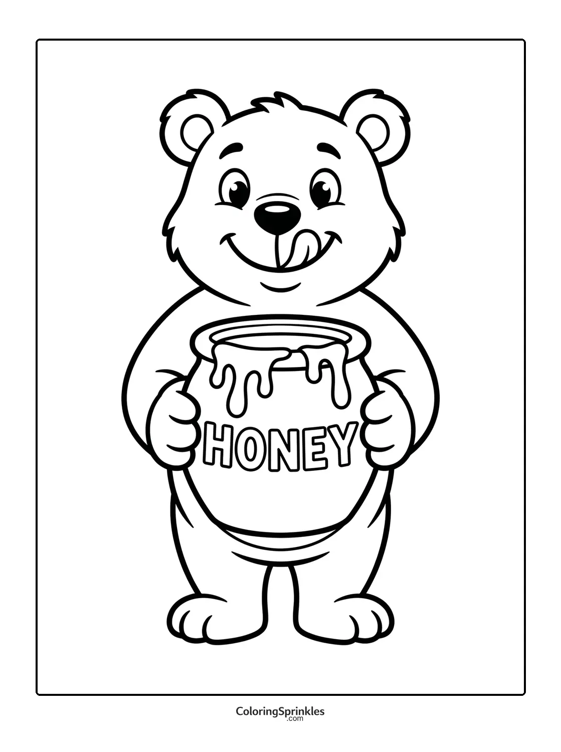 Coloring page of a bear holding a honey pot licking its lips