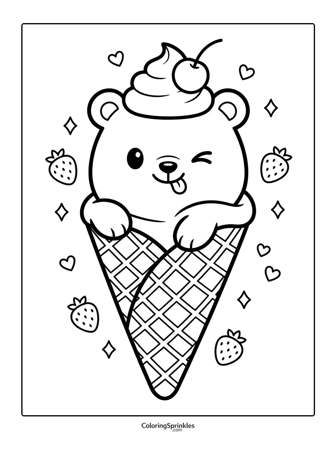 Coloring page of a bear inside an ice cream cone with strawberries and hearts
