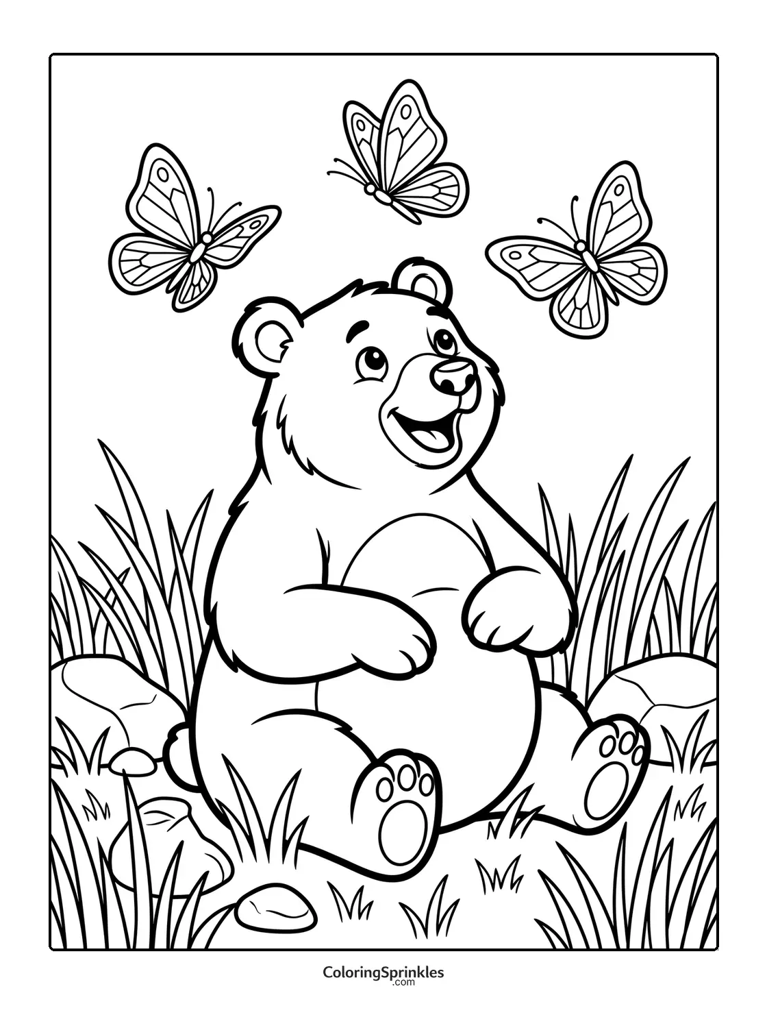 Coloring page of a bear sitting in grass with butterflies and rocks