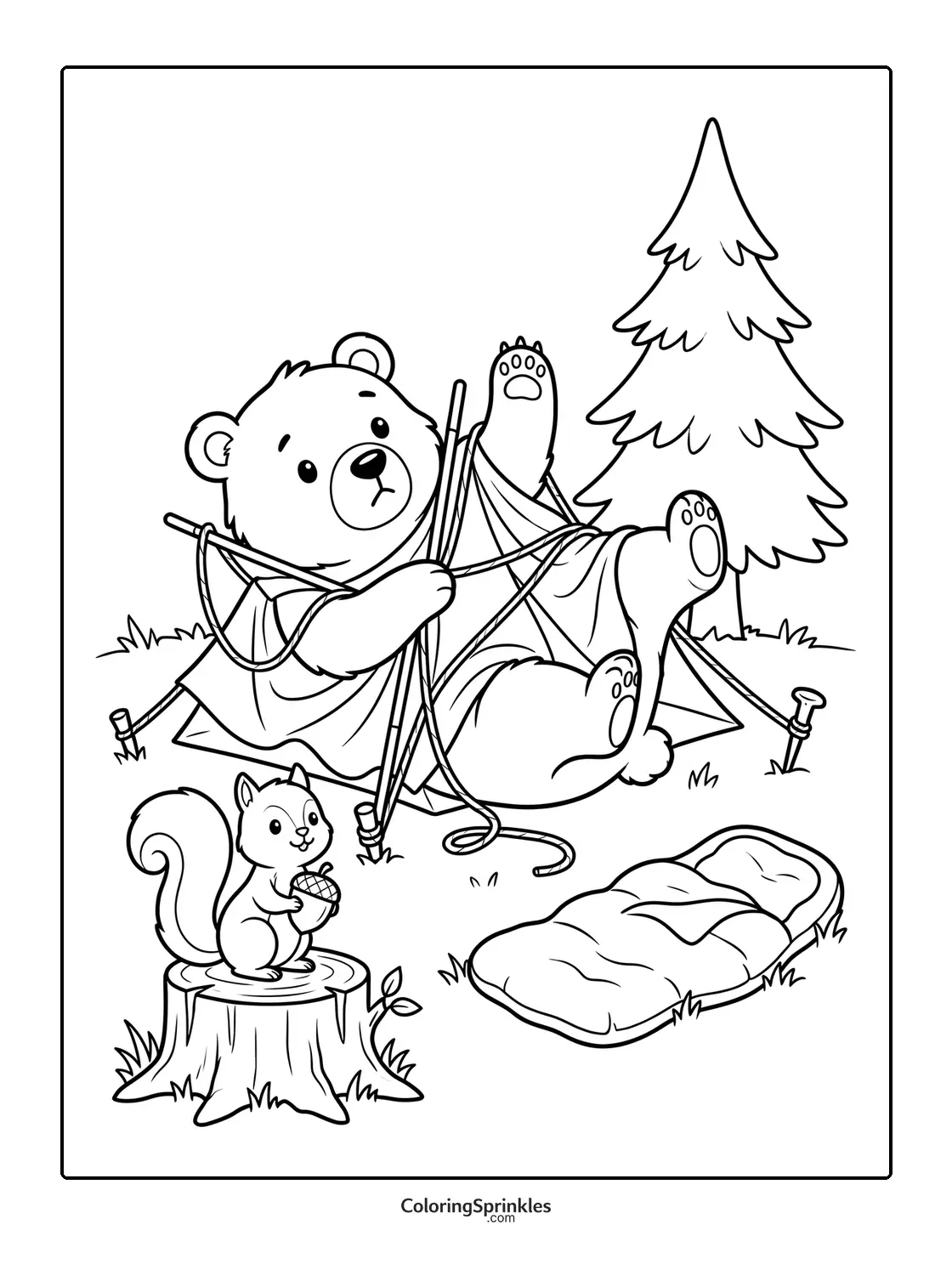 Coloring page of a bear struggling with a tent while a squirrel holds an acorn