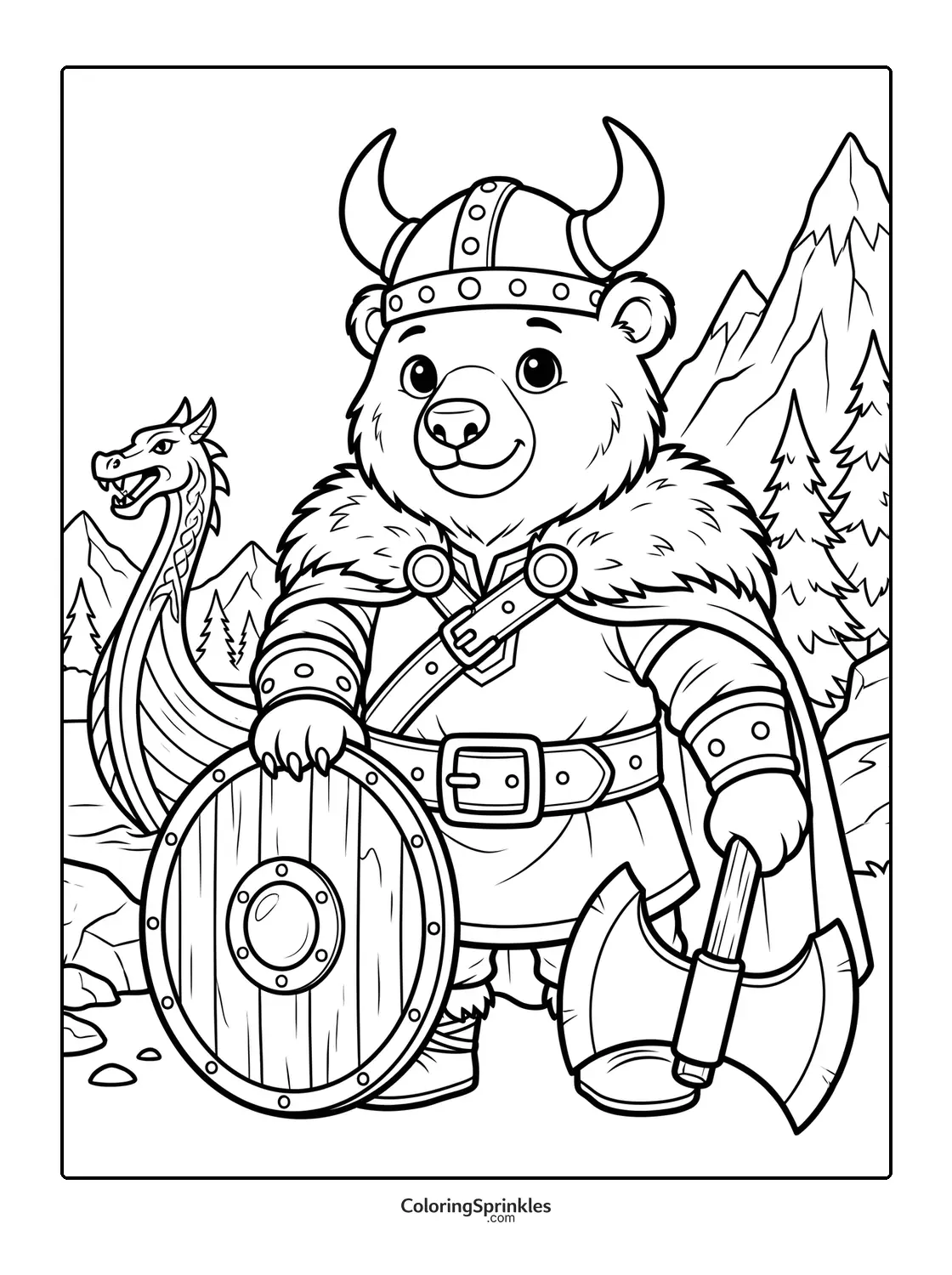 Coloring page of a bear dressed as a Viking holding an axe and shield with a dragon ship in the background