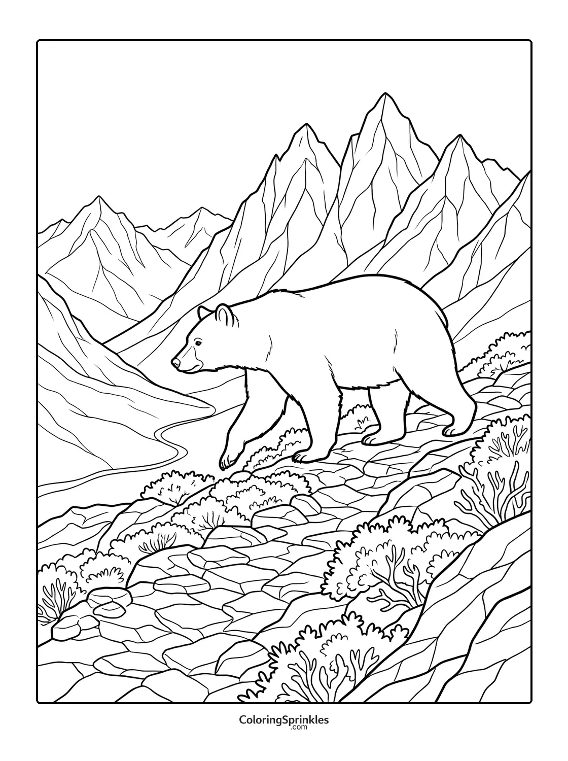 Coloring page of a bear walking on a rocky mountain path