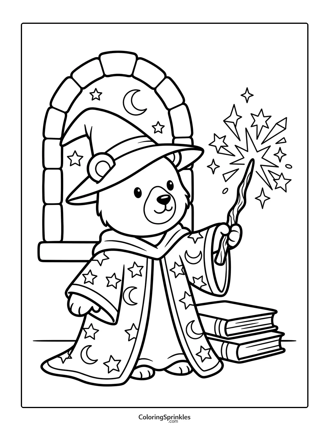 Coloring page of a bear dressed as a wizard holding a magic wand with books and a window