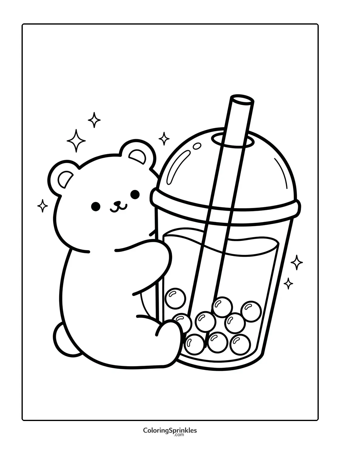 Coloring page of a cute bear hugging a bubble tea cup