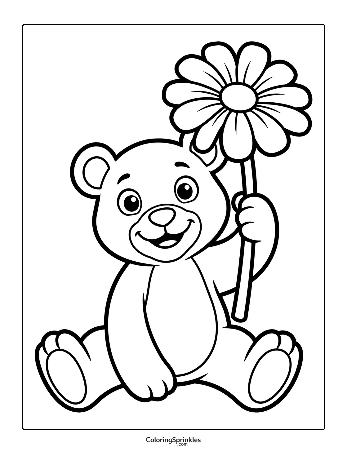 Coloring page of a cute bear sitting and holding a large flower