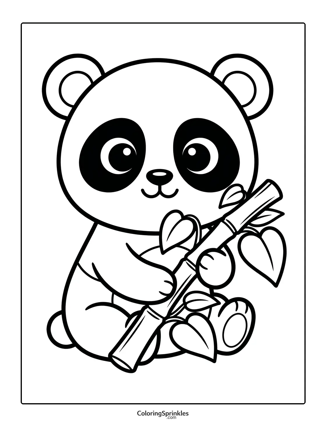 Coloring page of a cute panda bear holding bamboo with leaves