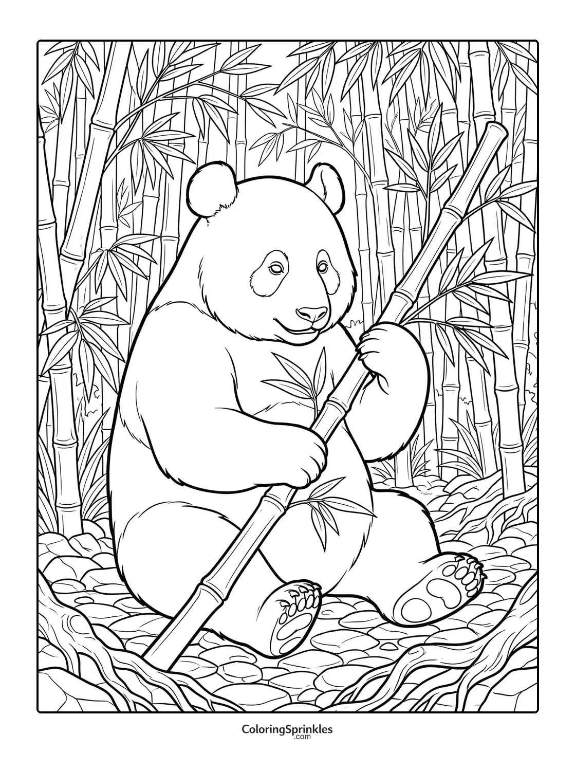 Coloring page of a panda bear sitting in a bamboo forest holding a bamboo stalk