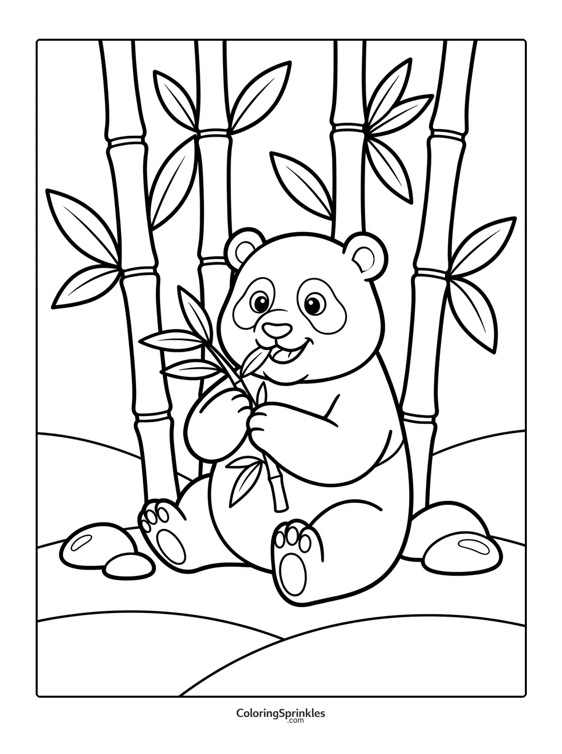 Coloring page of a panda bear eating bamboo stalks
