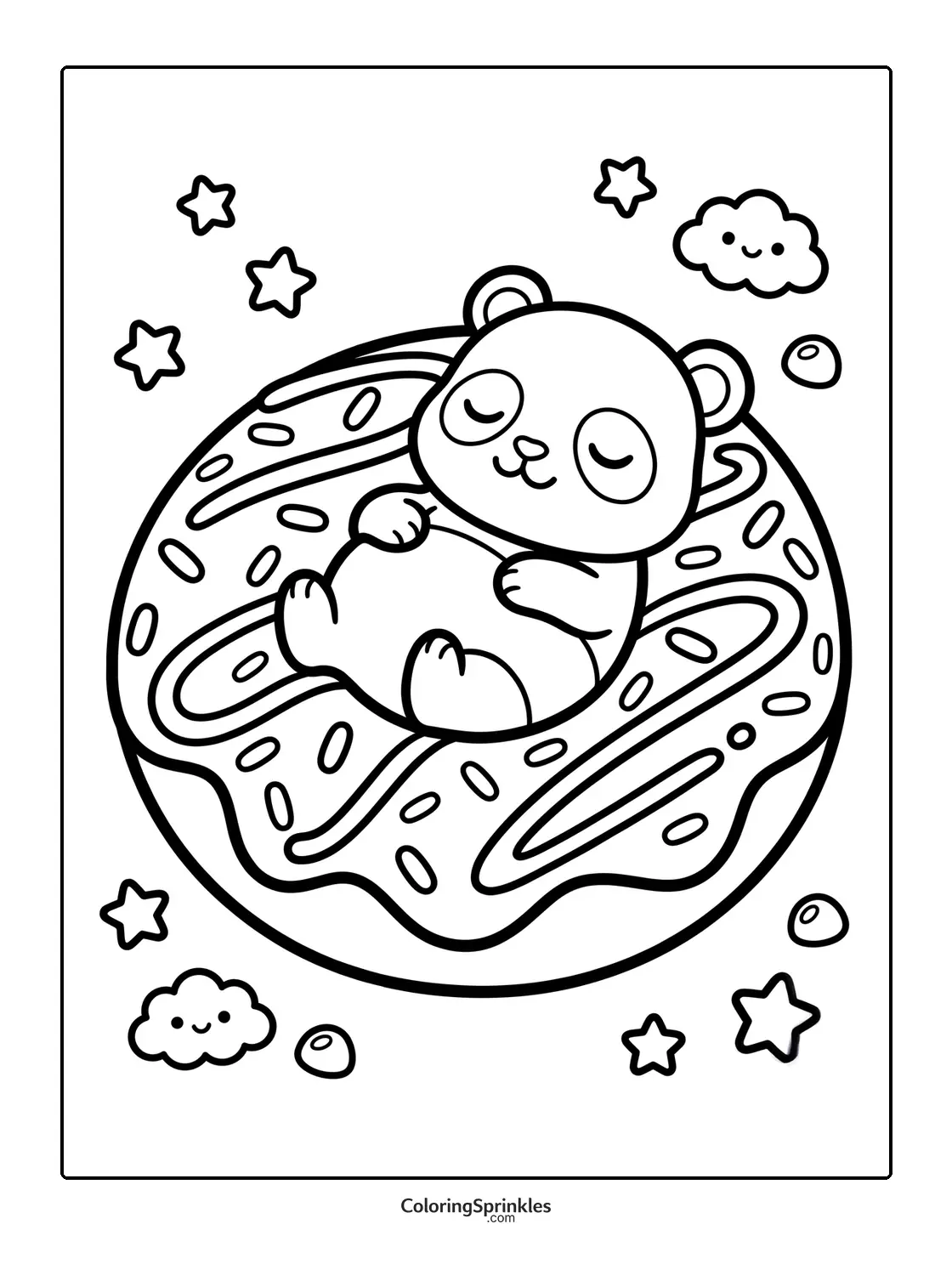 Coloring page of a panda bear sleeping on a donut with stars and clouds