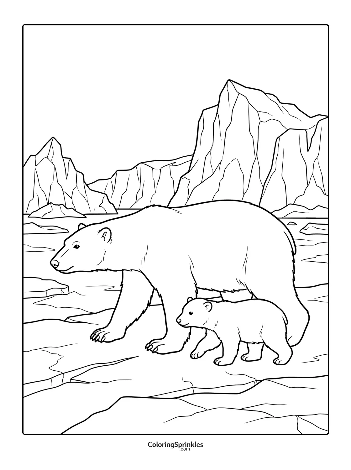 Coloring page of a polar bear mother and cub walking on icebergs