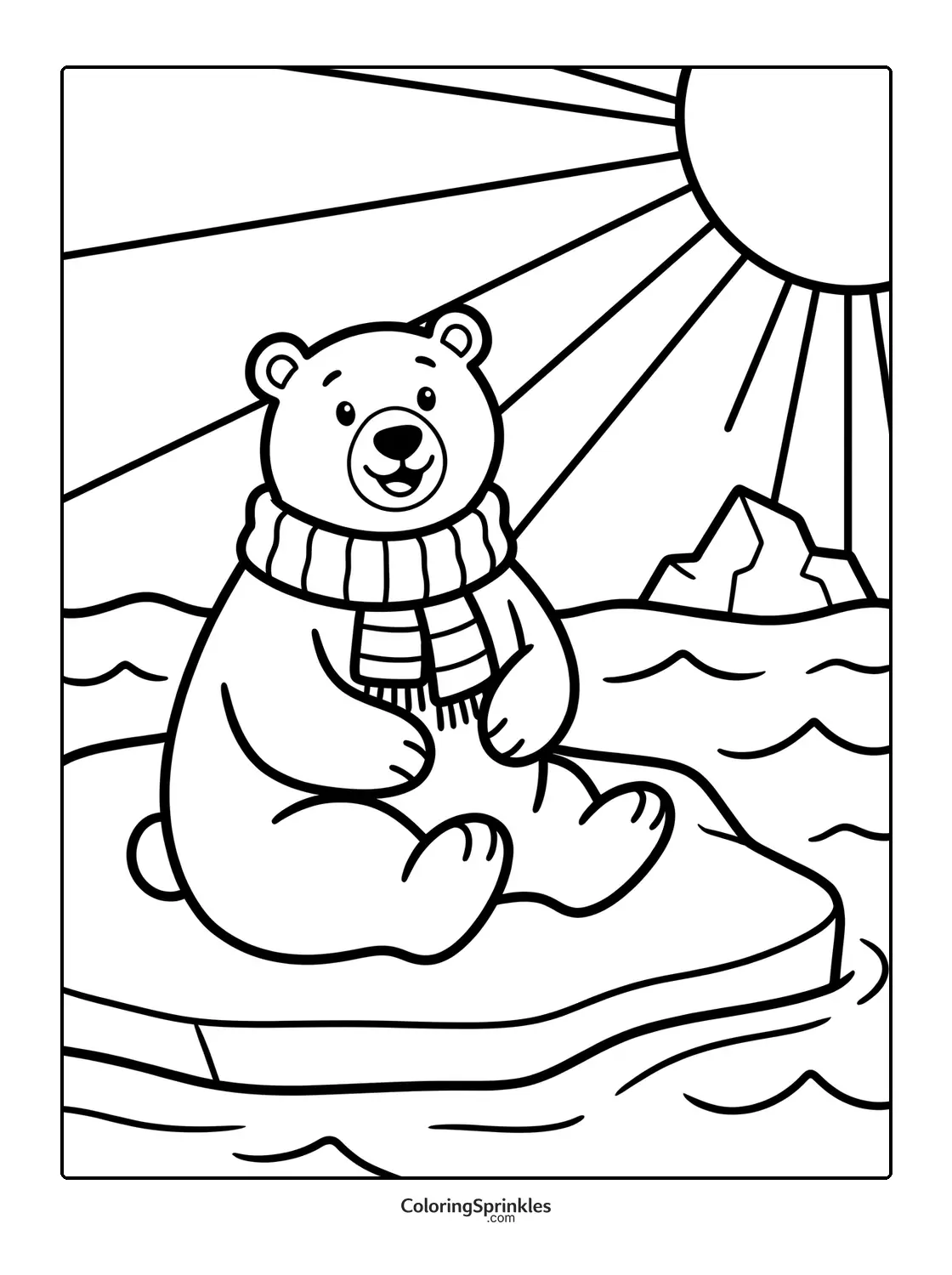 Coloring page of a polar bear sitting on an iceberg wearing a scarf