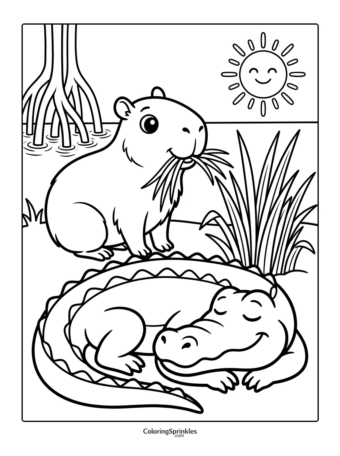 Coloring page of a capybara eating grass near a sleeping alligator by the riverbank