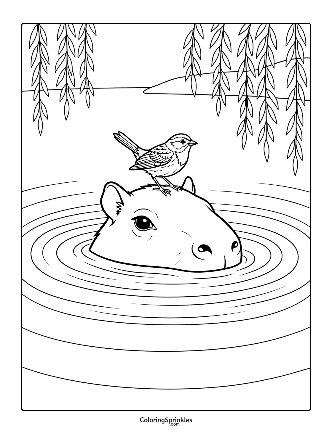 Coloring page of a capybara with a bird on its head in a pond under willow branches