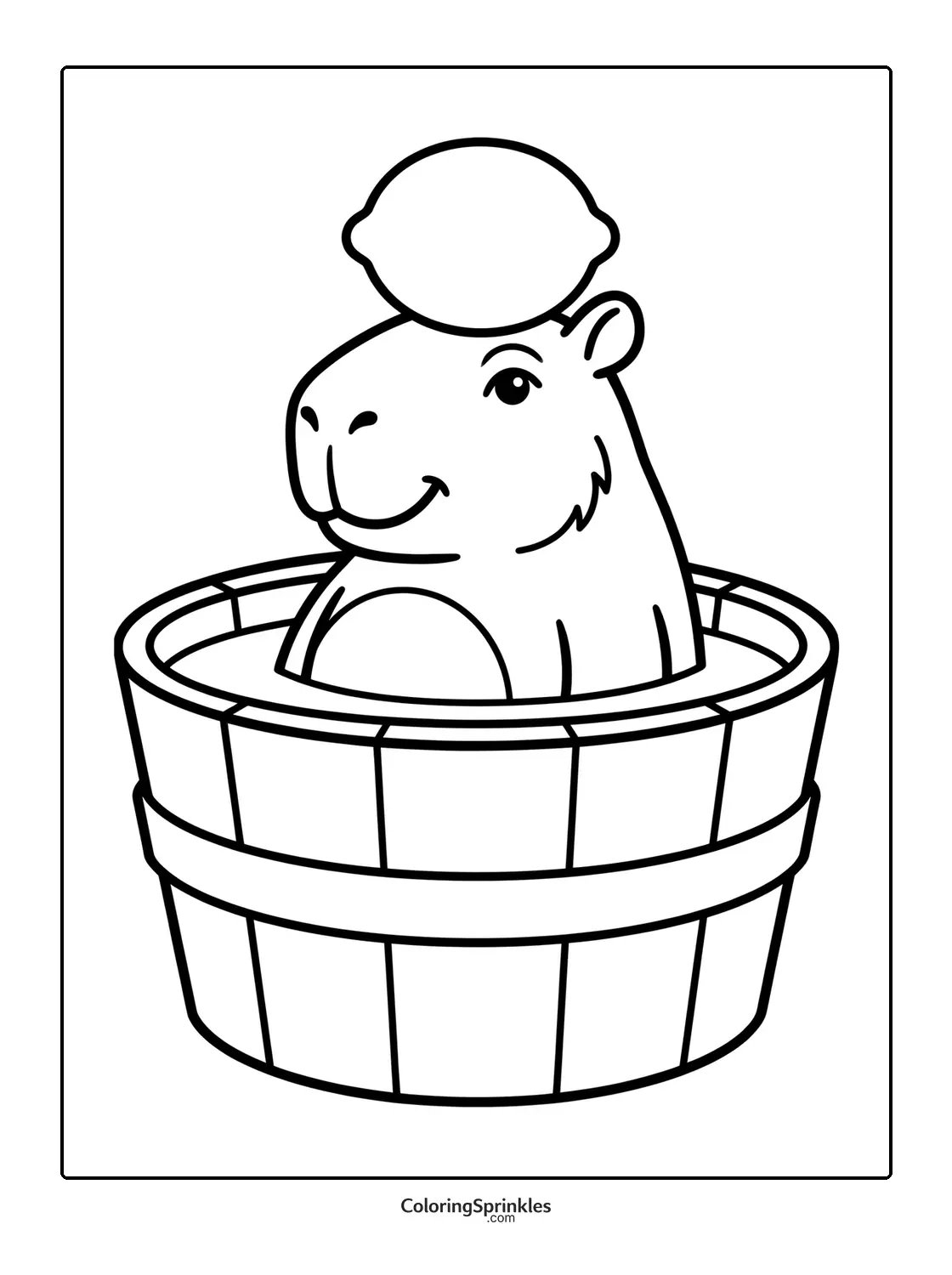 Coloring page of a capybara sitting in a bucket with a lemon on its head