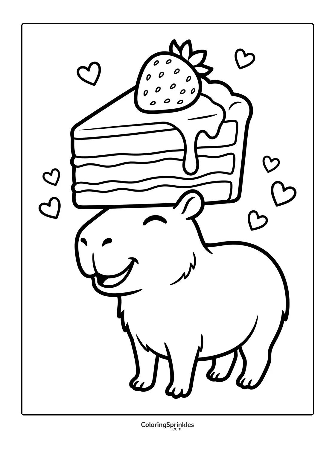 Coloring page of a happy capybara with a slice of cake topped with a strawberry on its head