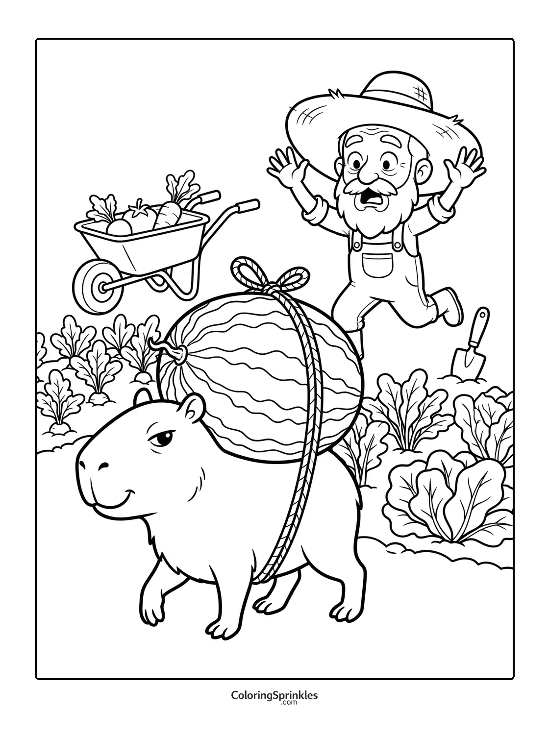 Coloring page of a capybara carrying a large watermelon with a farmer in a garden