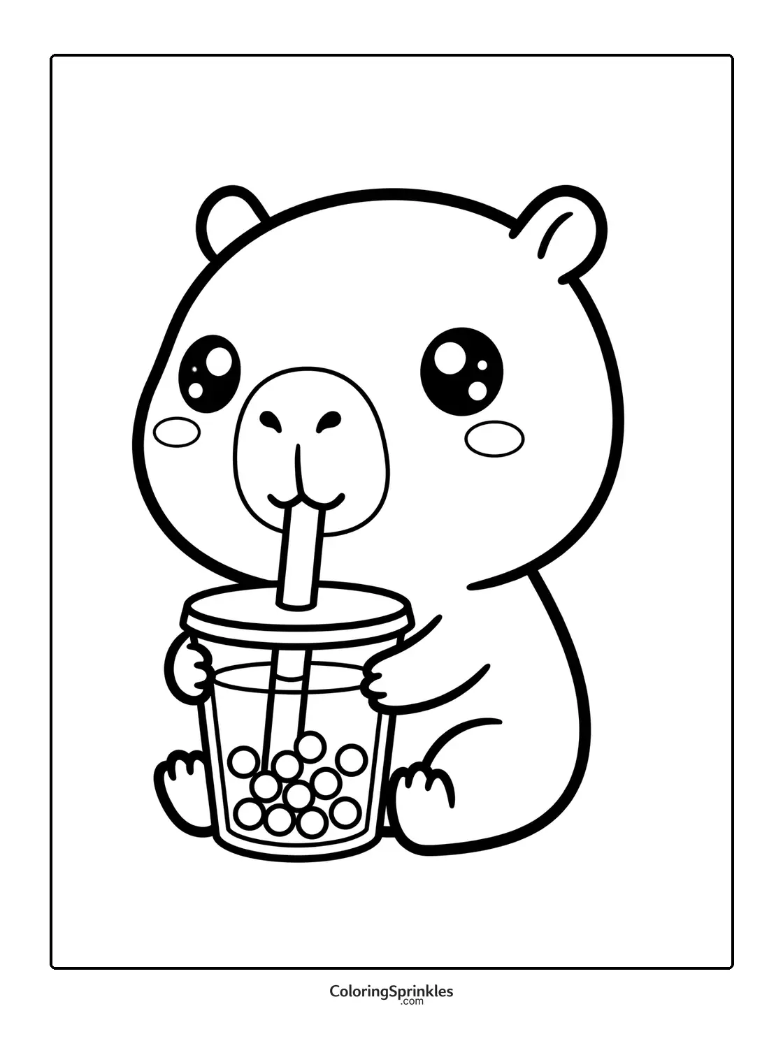 Coloring page of a capybara drinking bubble tea