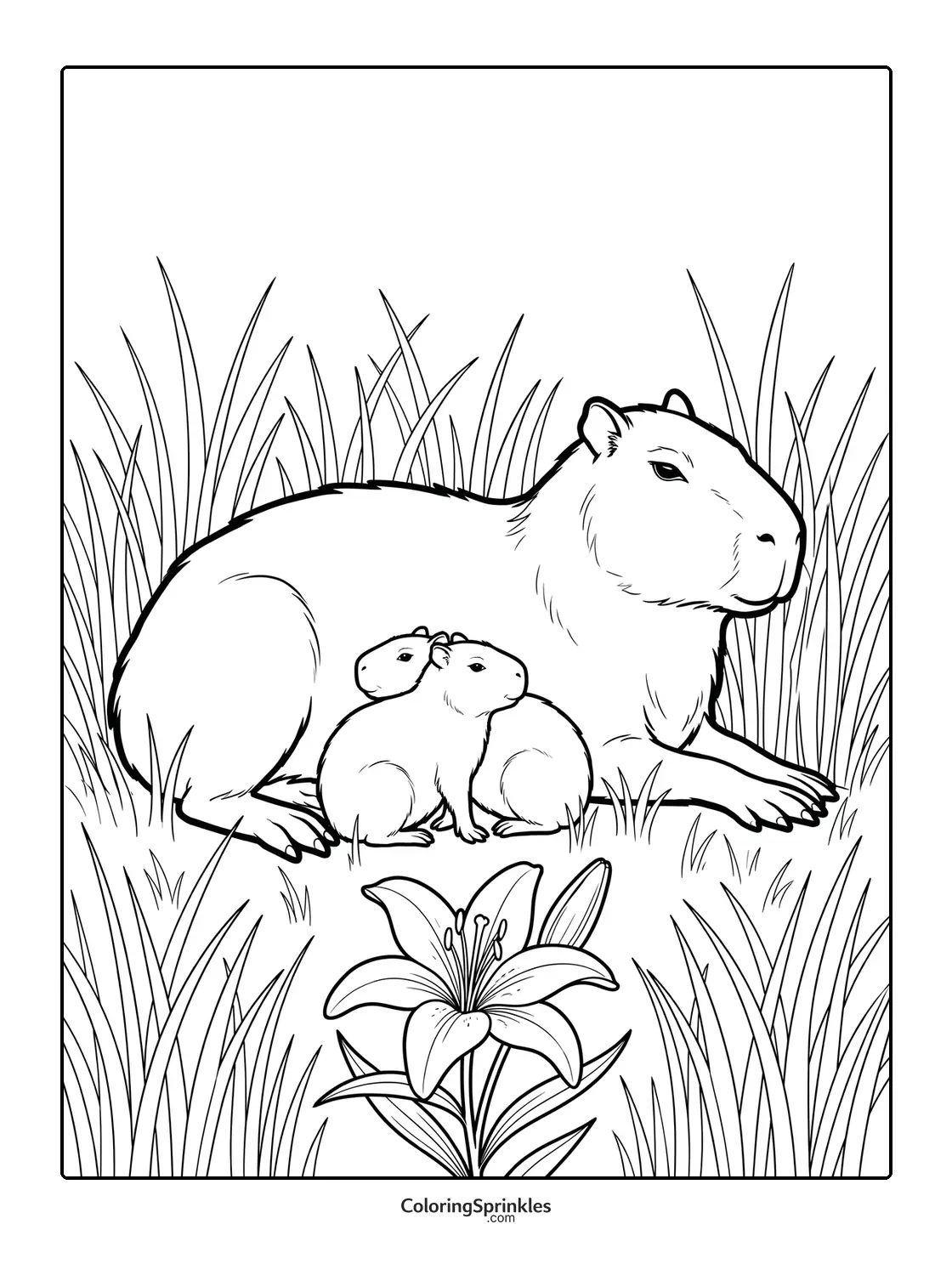 Coloring page of a capybara family resting in grass with a lily flower