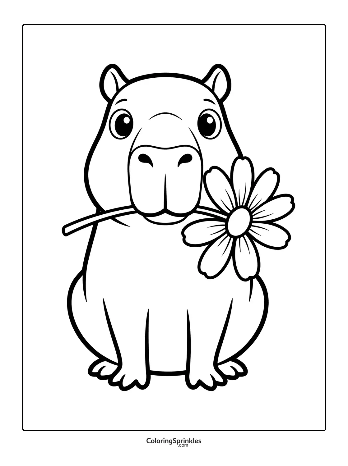 Coloring page of a cute capybara holding a flower